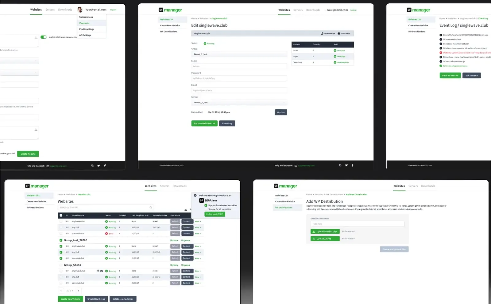 Dashboard and site setup screens