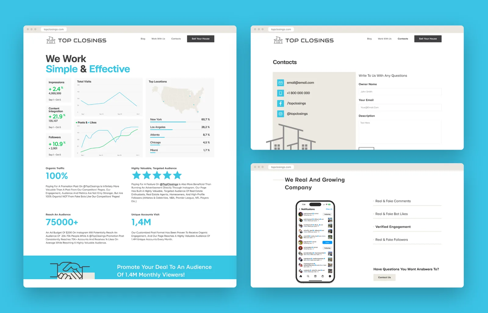 Results, contacts and about pages